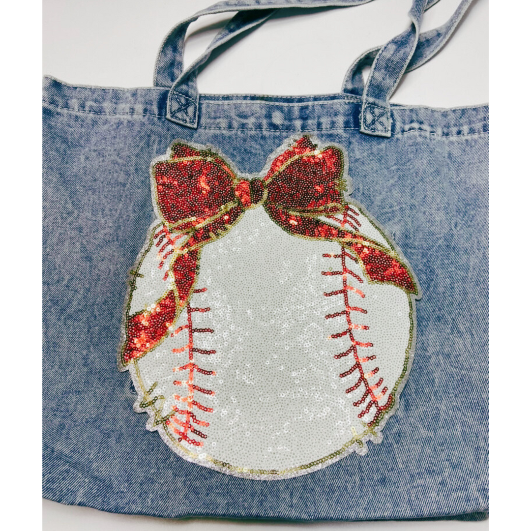 9" x 11" Sequin Baseball w Bow  - Sequin Patch