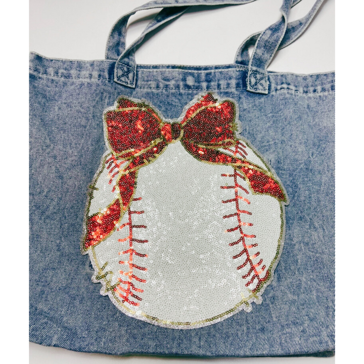 9" x 11" Sequin Baseball w Bow  - Sequin Patch