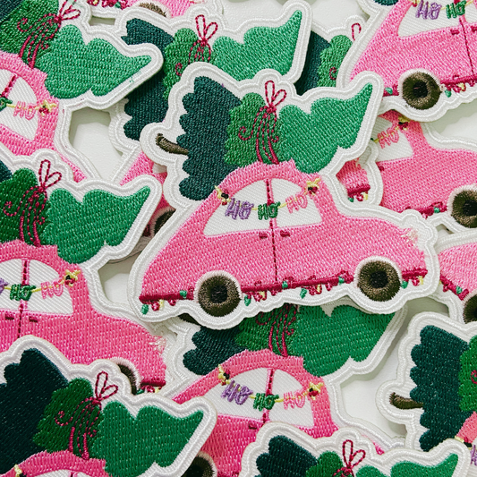 3" Pink Car w Christmas Tree - Embroidered Hat Patch