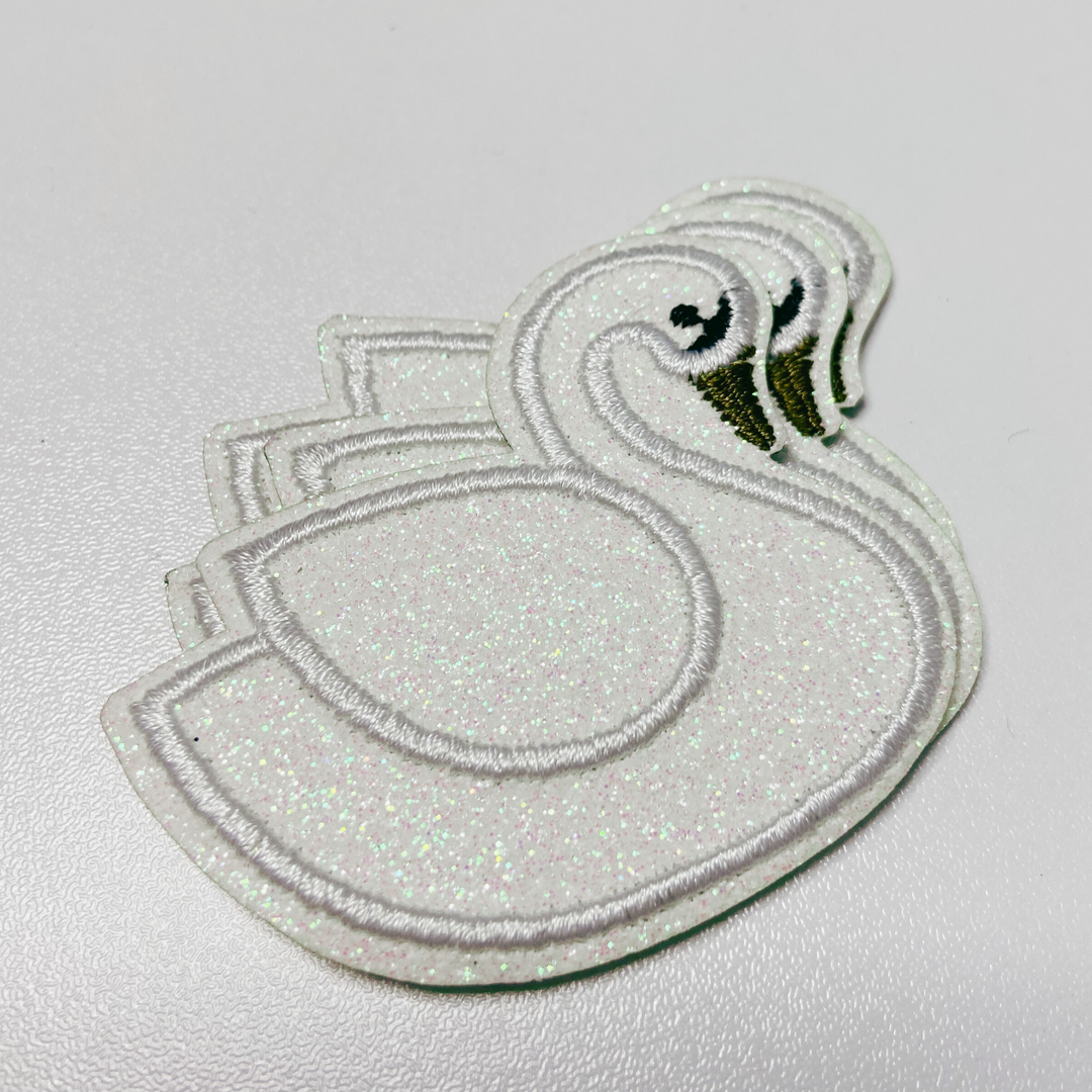 2" Swan in White Glitter -  Embroidered Hat Patch