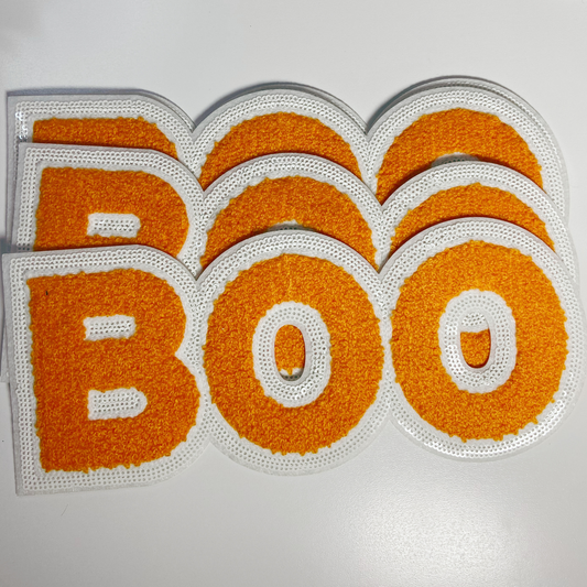 BOO in Orange with sequin detail 10.5" wide - Chenille Patch