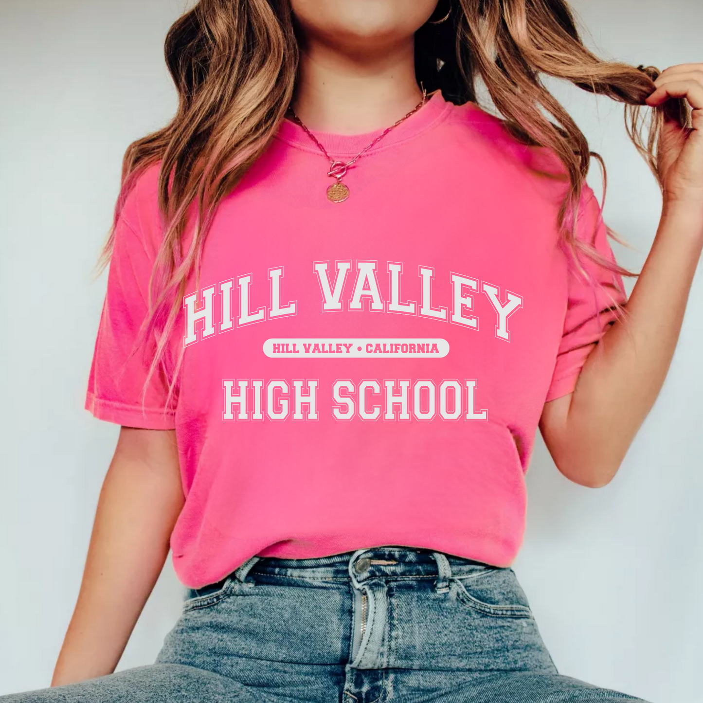 (shirt not included) Hill Valley High School in White-  Screen print Transfer