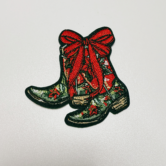2.5" Cowboy Boots w Bow - Embroidered Hat Patch
