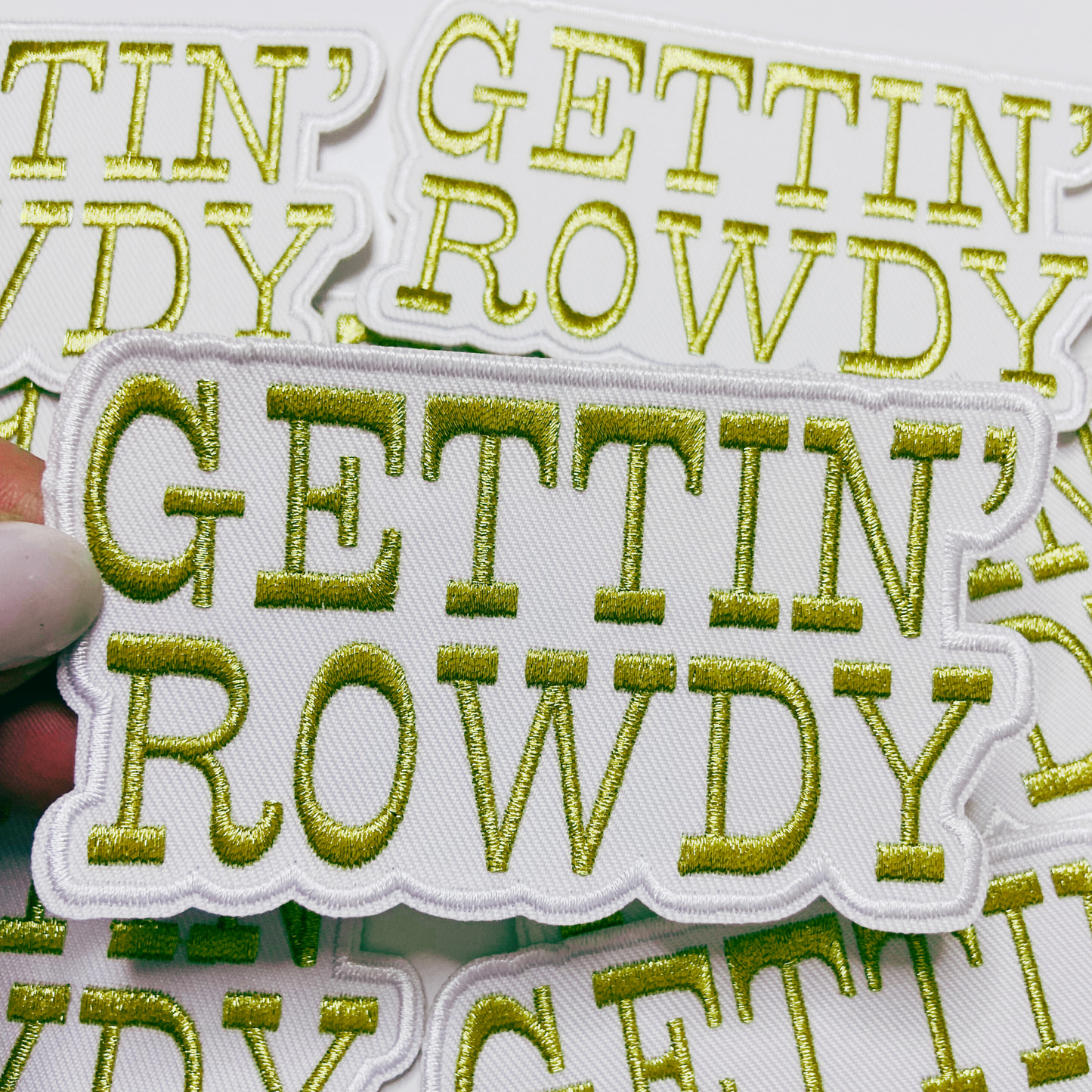 4" GETTIN' ROWDY - WHITE &  Gold Metallic -  Embroidered Hat Patch