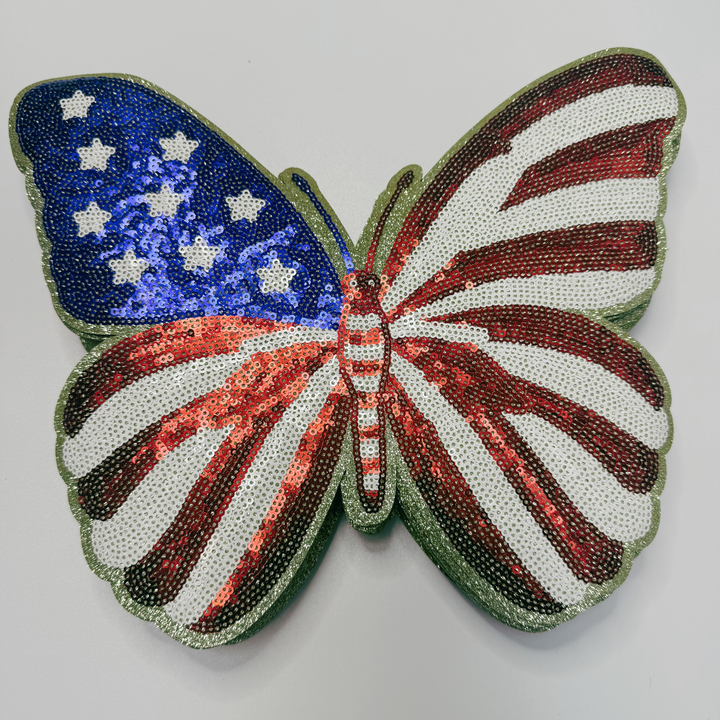 SEQUIN Patriotic Butterfly flag (11" x 9.5”) - Sequin Patch (USA) Red White &amp; Blue