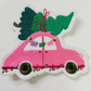 3" Pink Car w Christmas Tree  -  Embroidered Hat Patch