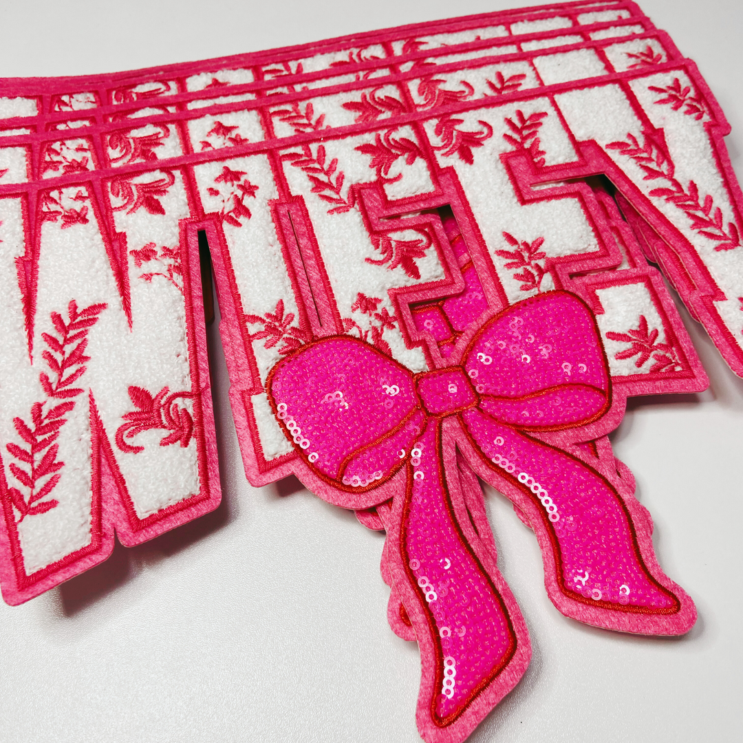 11" x 7.75  Wifey with sequin bow and embroidered Floral  - Sequin &amp; Chenille Patch