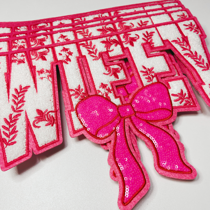 11" x 7.75  Wifey with sequin bow and embroidered Floral  - Sequin &amp; Chenille Patch