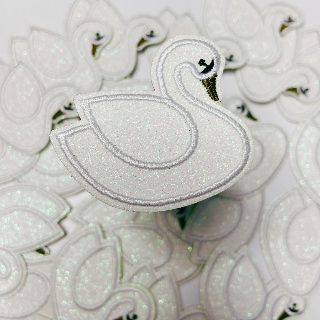 2" Swan in White Glitter -  Embroidered Hat Patch