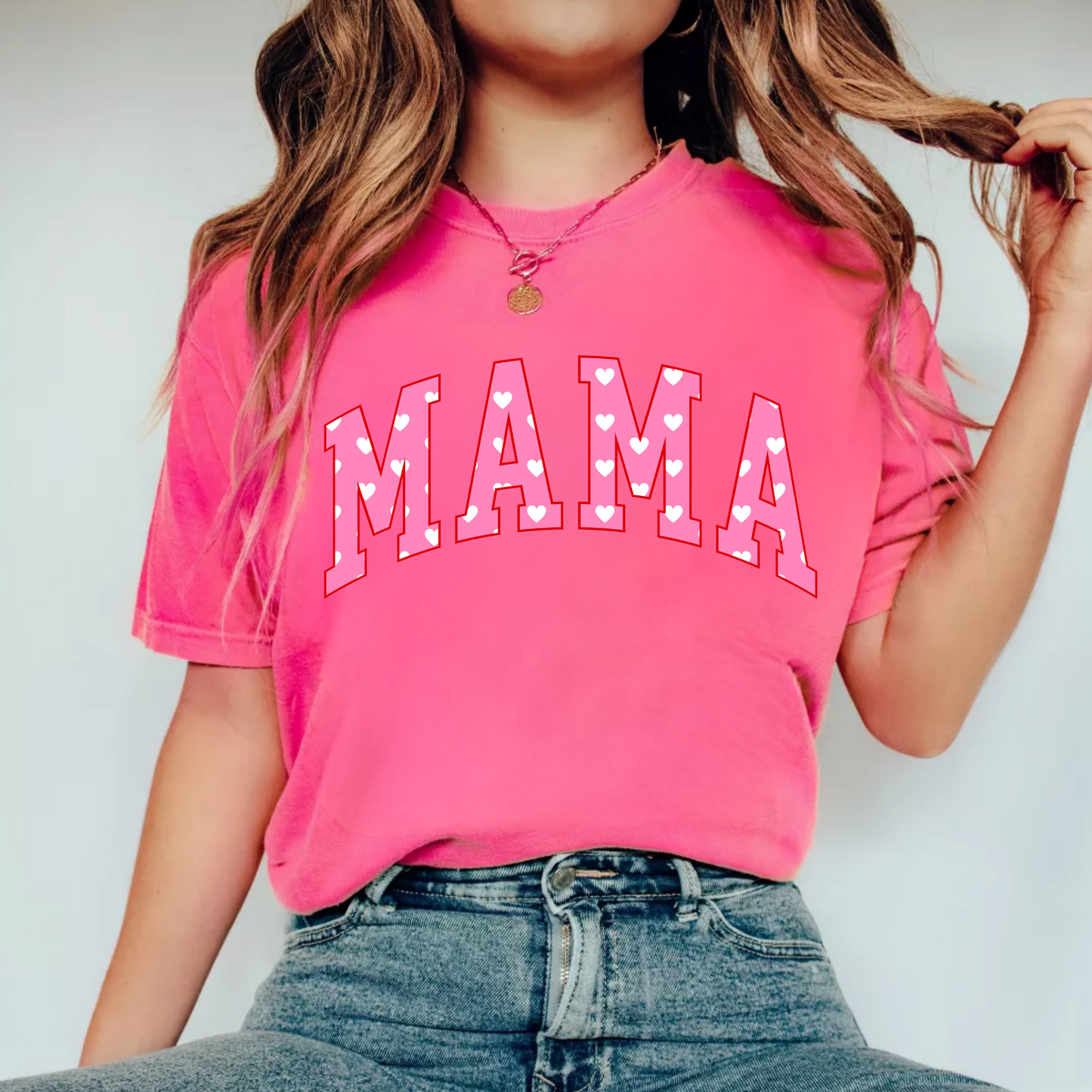 (Shirt Not Included) MAMA in Pink w White Hearts -  Clear Film Transfer