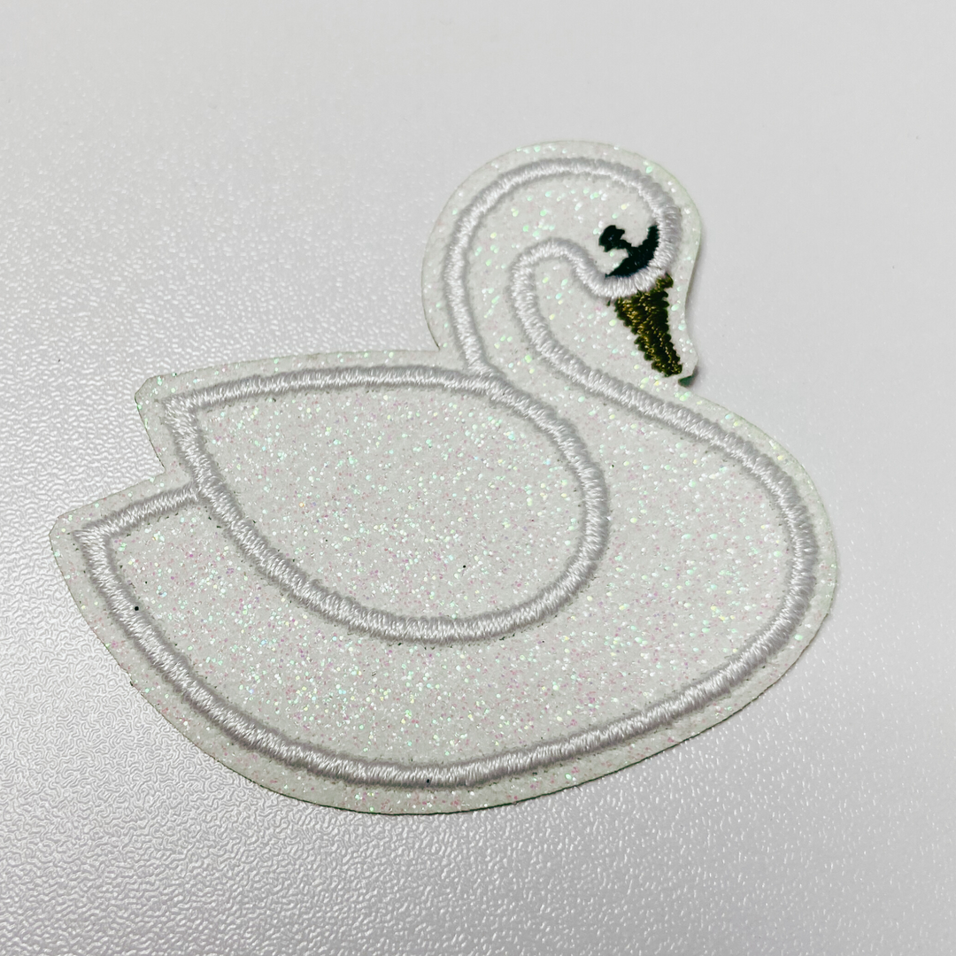 2" Swan in White Glitter -  Embroidered Hat Patch