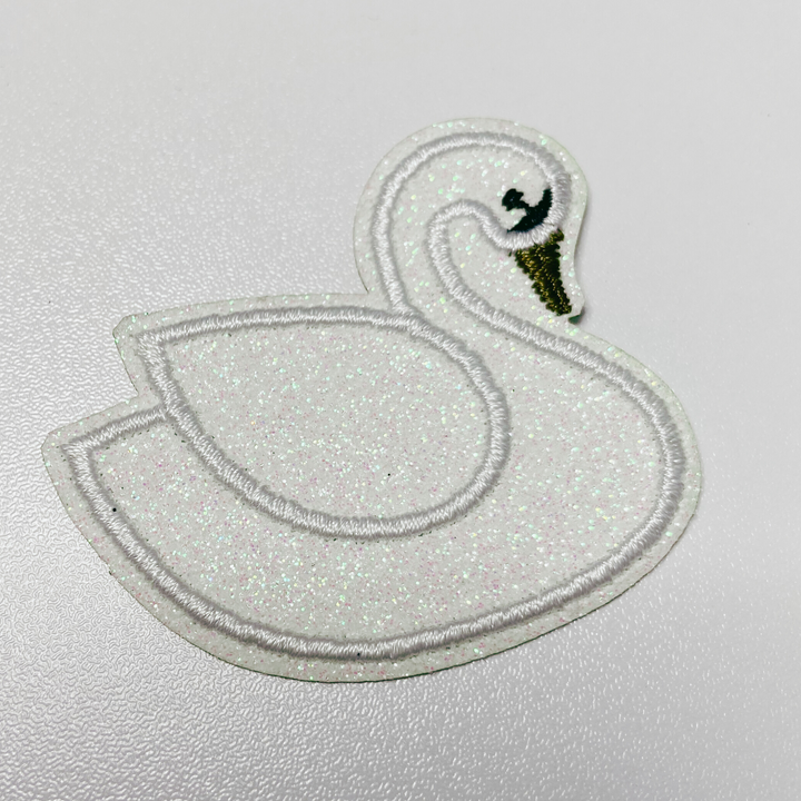 2" Swan in White Glitter -  Embroidered Hat Patch