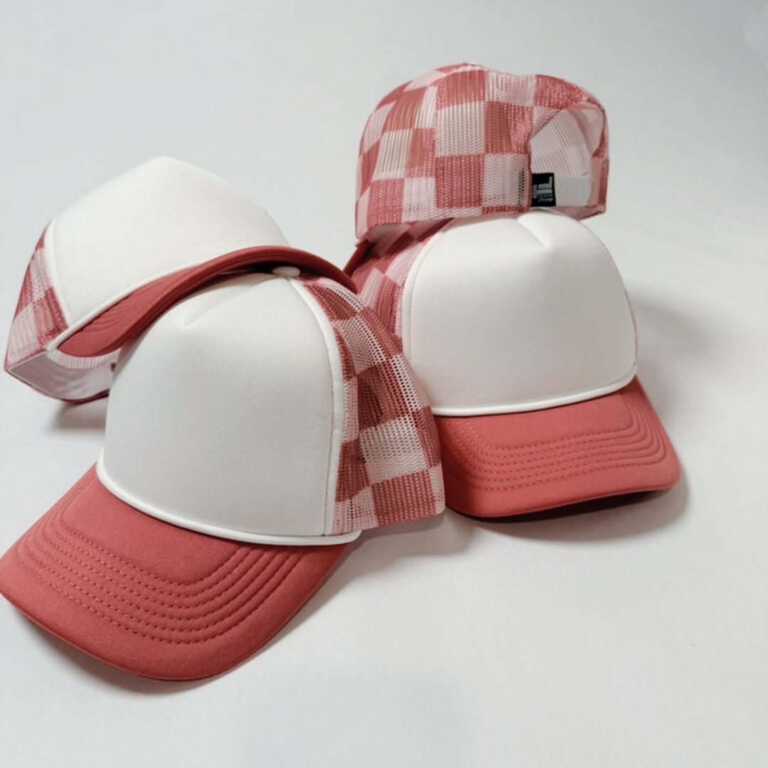 TEELUX - TRUCKER HAT BLANK - Coral Pink Checkered