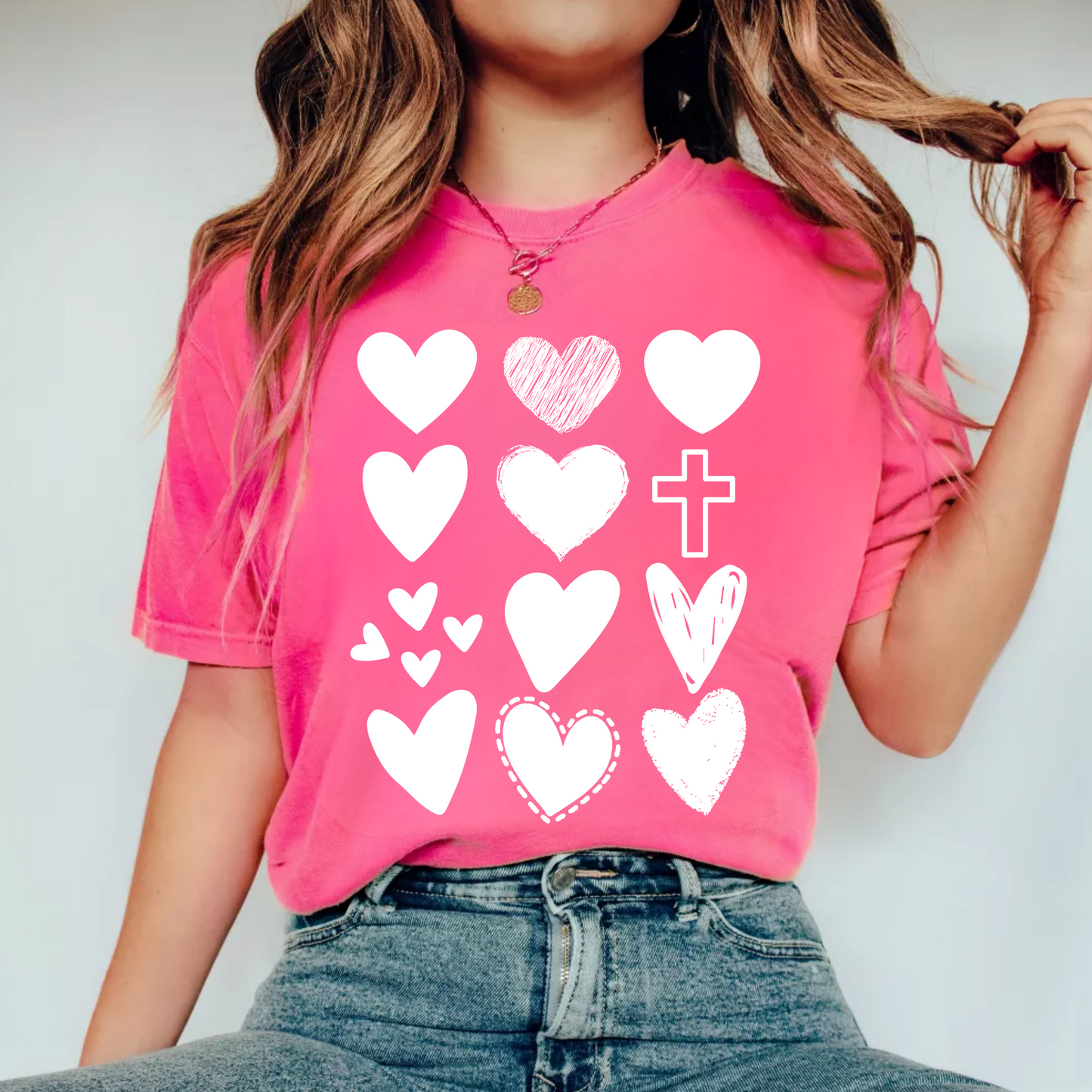 (shirt not included) White Hearts w/ Cross   - Screen print Transfer