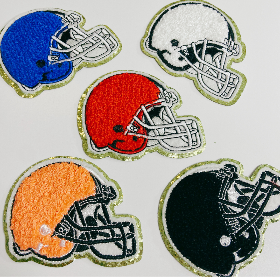 3" x 2.5" Football Helmet chenille hat patch - in Red, Blue, Black, White, Dark Green, Gold &amp; Orange