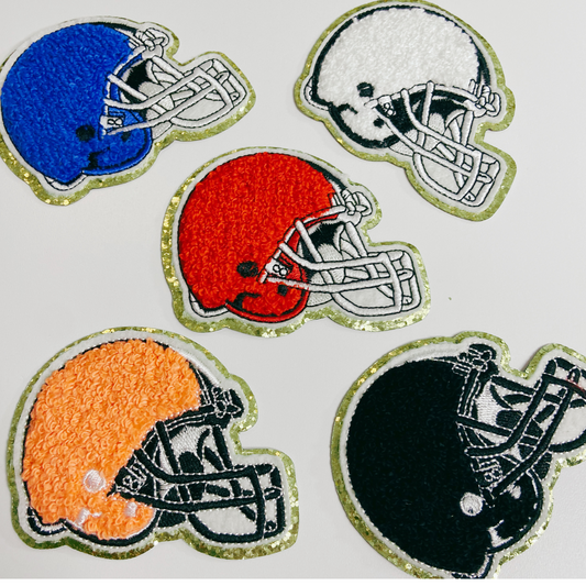 3" x 2.5" Football Helmet chenille hat patch - in Red, Blue, Black, White, Dark Green, Gold & Orange