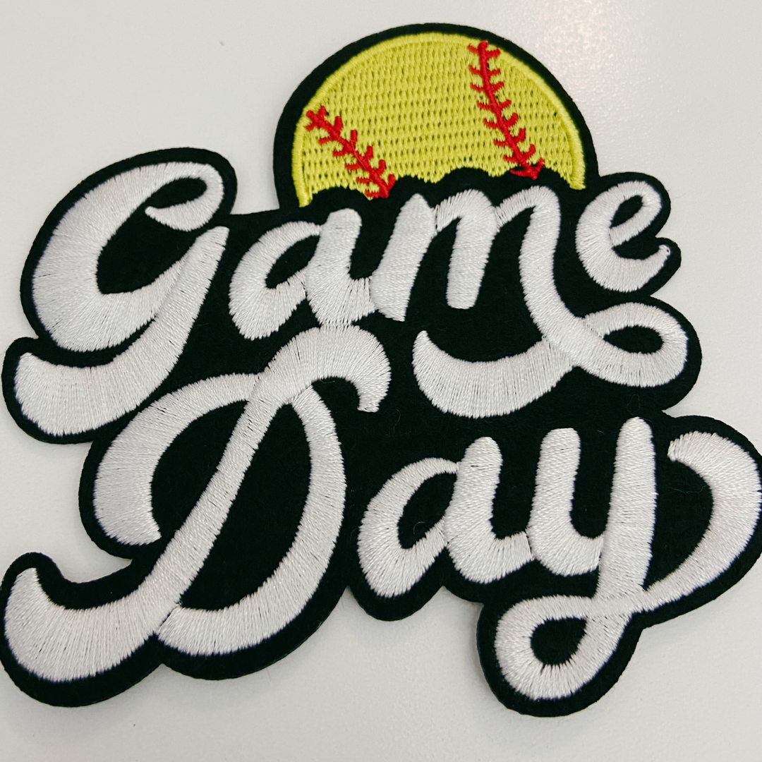 GAME DAY Softball  -4" Embroidered Patch in White &amp; Black