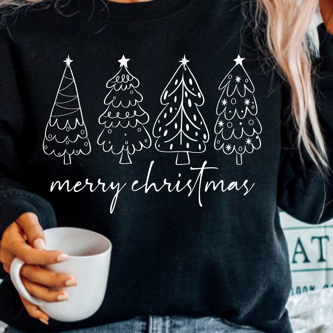 (shirt not included) Merry Christmas w White Trees - Screen print Transfer