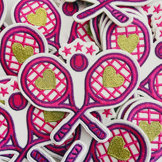 2.5" Tennis Racket w Metallic gold Heart - Embroidered Hat Patch