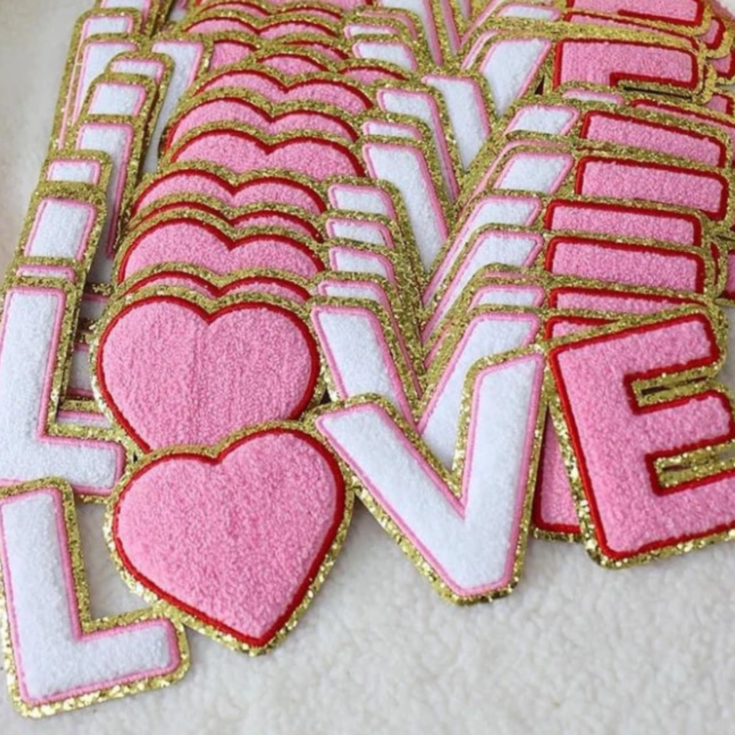 11” LOVE  - Chenille Patch Pink, White, Gold