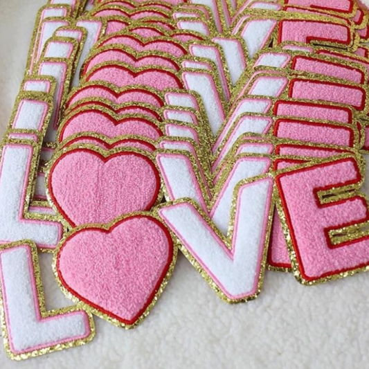 LOVE  - Chenille Patch Pink, White, Gold