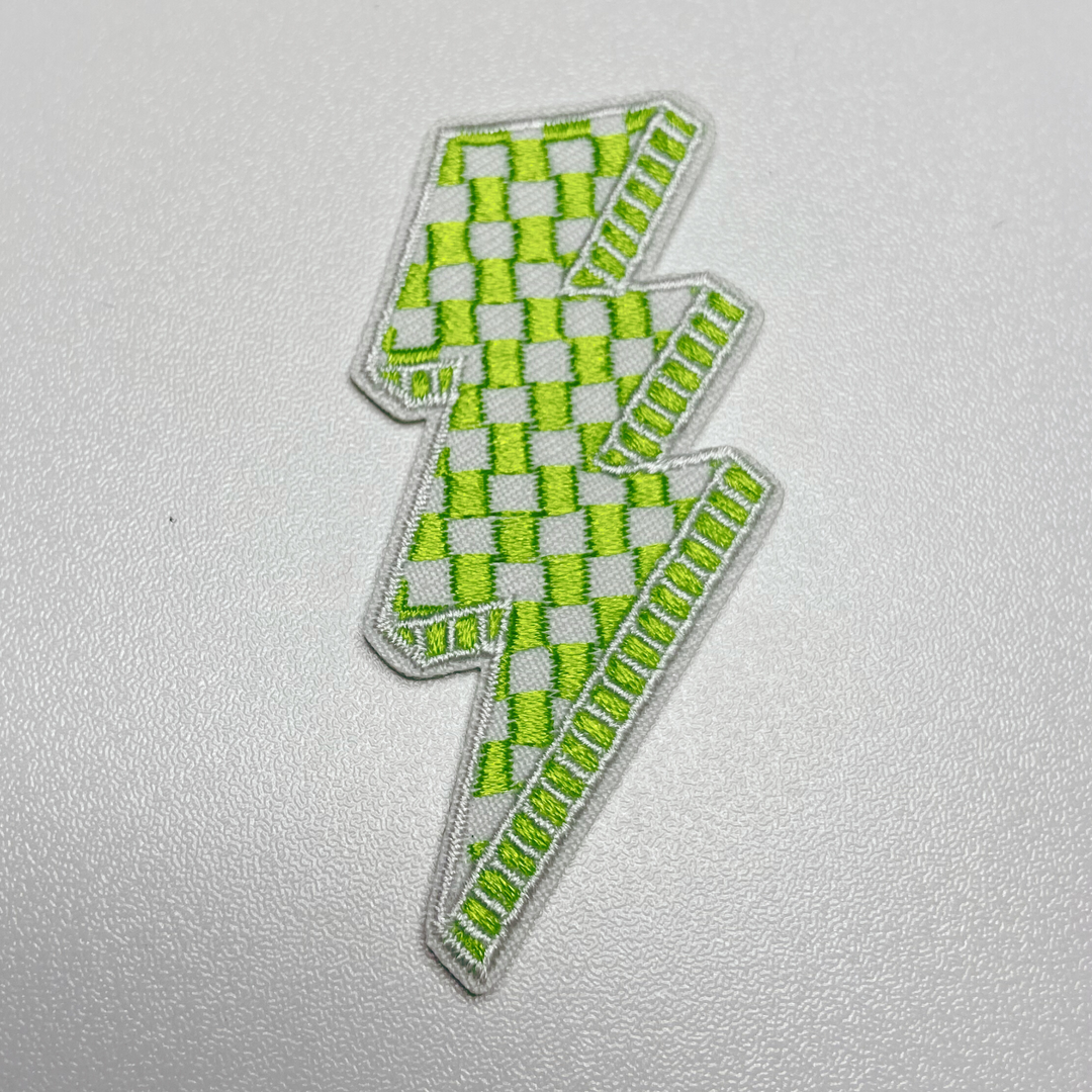 2.5” Checkered Lightning - GREEN &amp; WHITE  - Embroidered Hat Patch