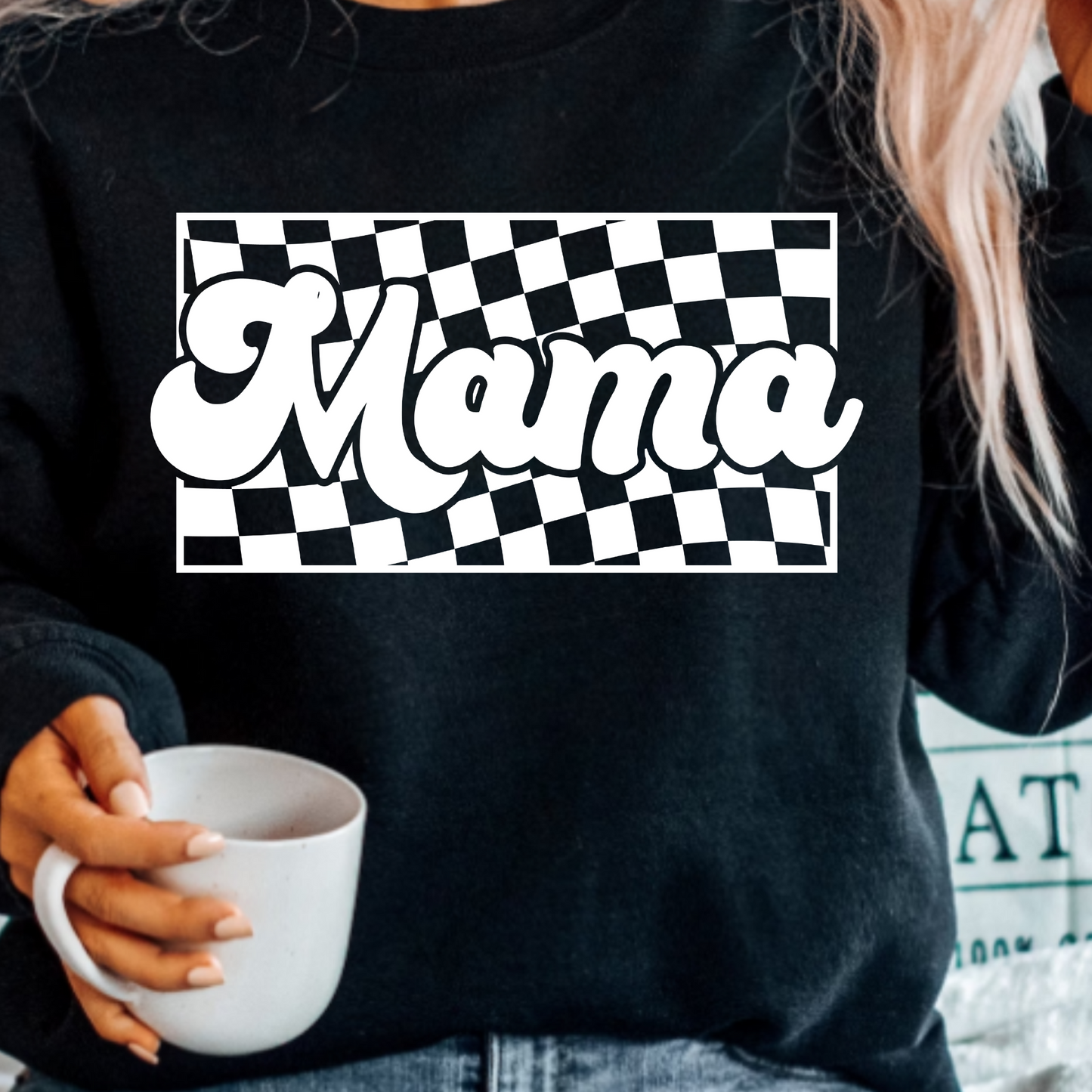 (shirt not included) Checkered  MAMA in white - Screen print Transfer