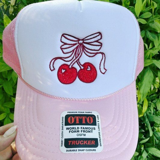 Cherry Embroidered Trucker Hat - Premade Hat