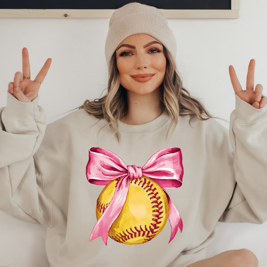 (shirt not included) Softball Bow Pink - DTF (COLD PEEL)