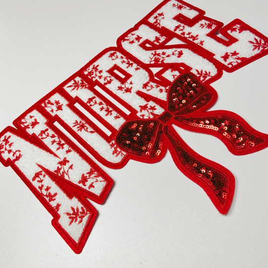 11" Nurse with sequin bow and embroidered Floral RED - Sequin & Chenille Patch