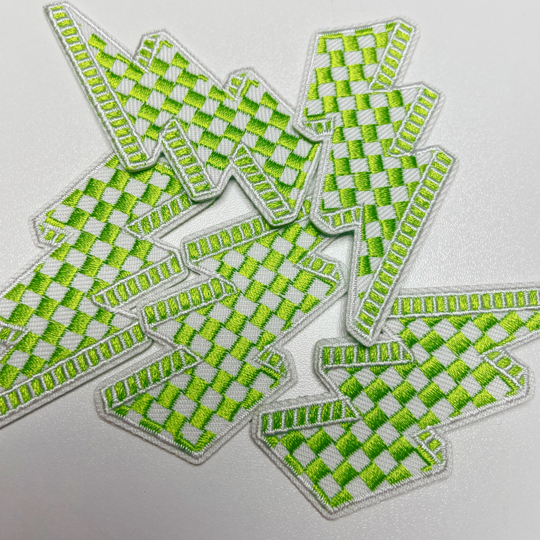 2.5” Checkered Lightning - GREEN &amp; WHITE  - Embroidered Hat Patch