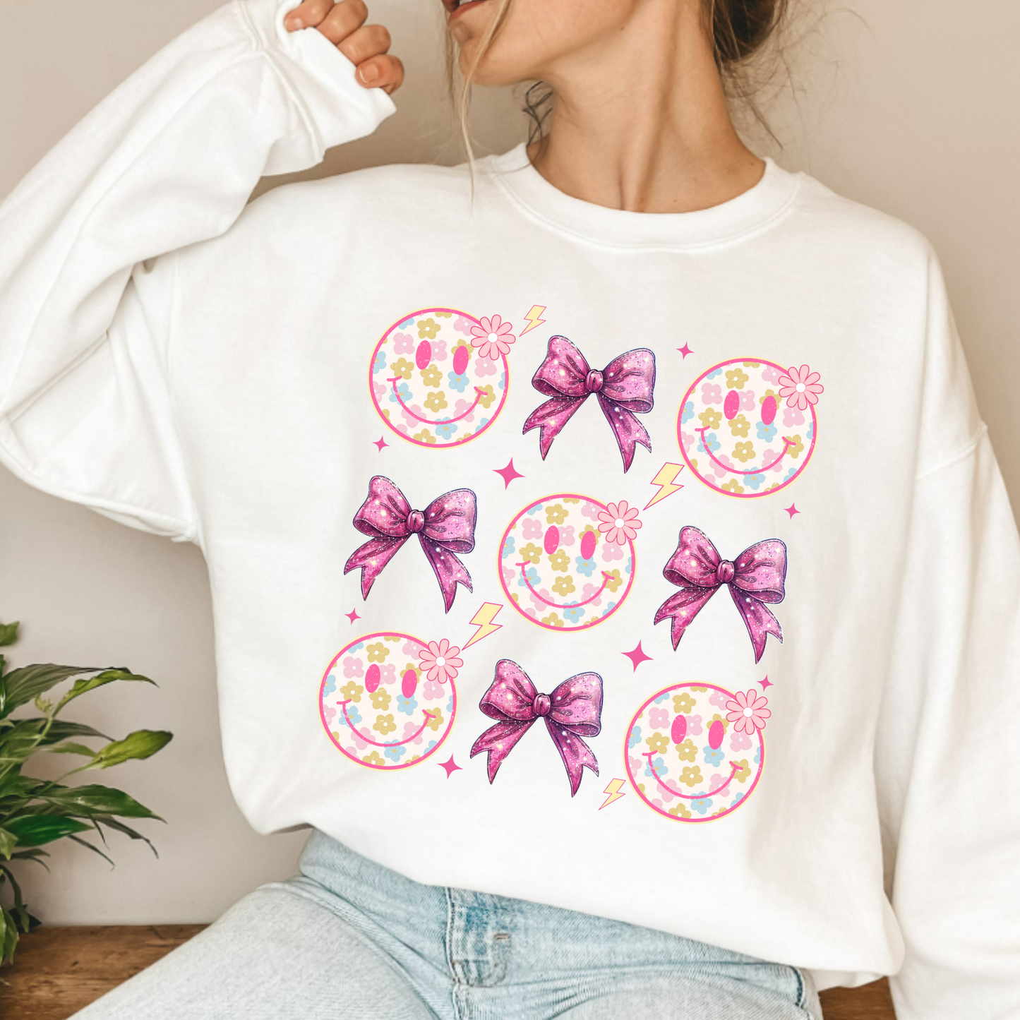 (Shirt not included) Smiley Face & Bows - Clear Film Transfer