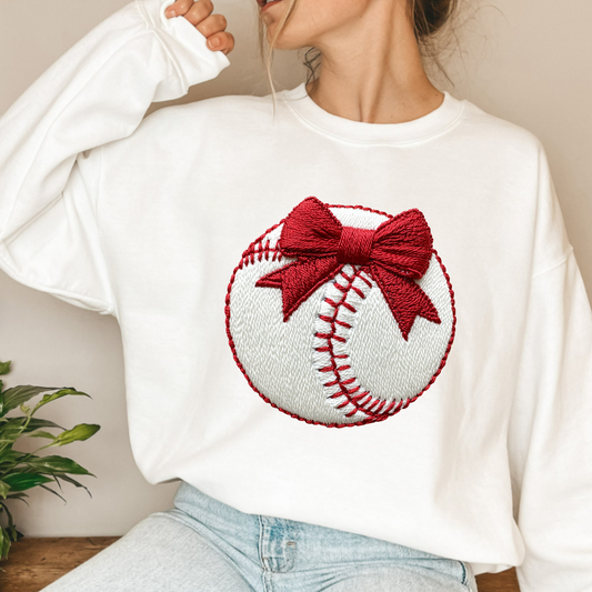 (Shirt not included) Faux Embroidered Baseball w Bow - DTF (COLD PEEL)