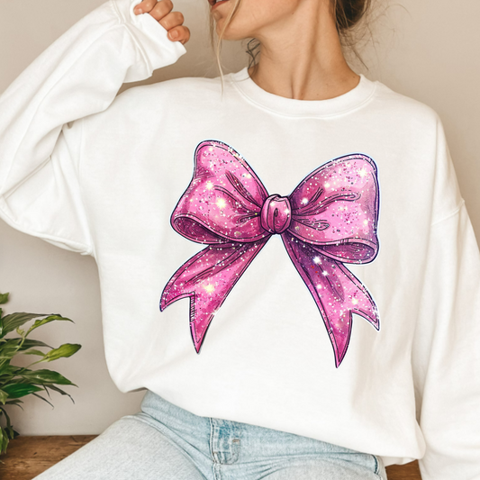 (shirt not included) Pink Faux Glitter Bow - Clear Film Transfer