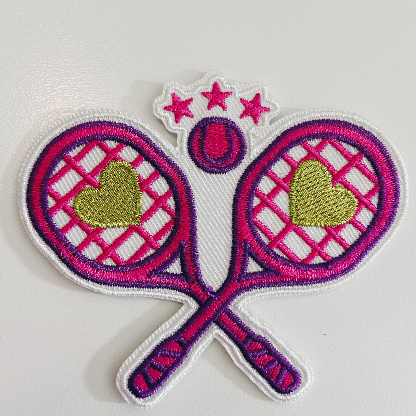 2.5" Tennis Racket w Metallic gold Heart   -  Embroidered Hat Patch