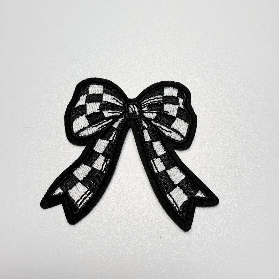 2" Checkered Black &amp; White  Bow -  Embroidered Hat Patch