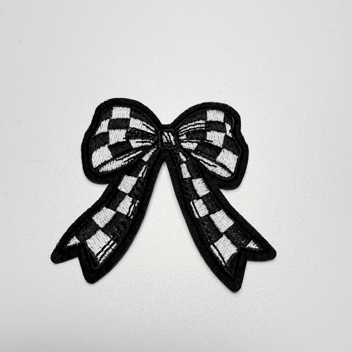 2" Checkered Black &amp; White  Bow -  Embroidered Hat Patch