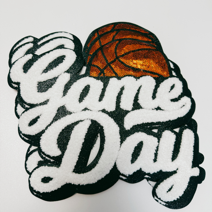 11” GAME DAY Basketball - Chenille +sequin Patch in White &amp; Black