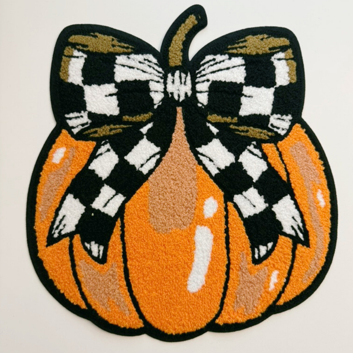 Pumpkin with Checkered Bow - 9.5" x 10.25" - Chenille Patch