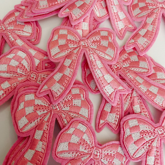 2" Checkered PINK Bow - Embroidered Hat Patch