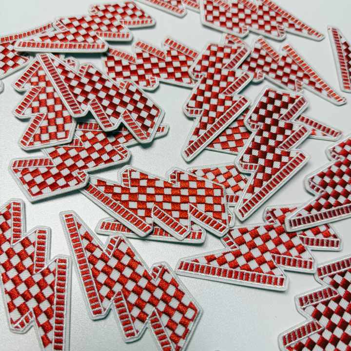 3” Checkered Lightning - Red &amp; white  - Embroidered Hat Patch