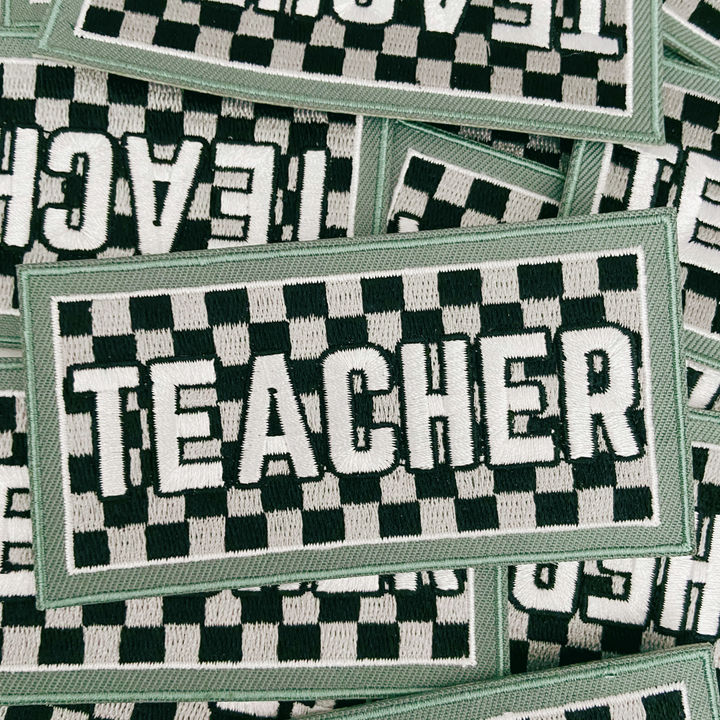 4" UNISEX TEACHER   Gray &amp; Black Checkered -  Embroidered Hat Patch