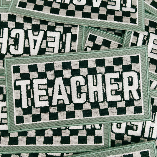 4" UNISEX TEACHER Gray & Black Checkered - Embroidered Hat Patch