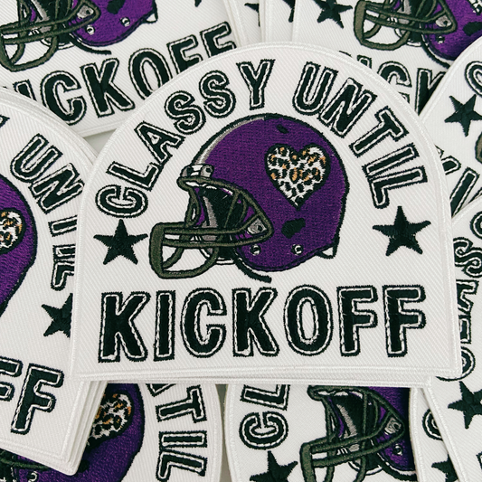 3.5" Classy Until Kickoff PURPLE - Embroidered Hat Patch (3.5"w X 3.25"h)