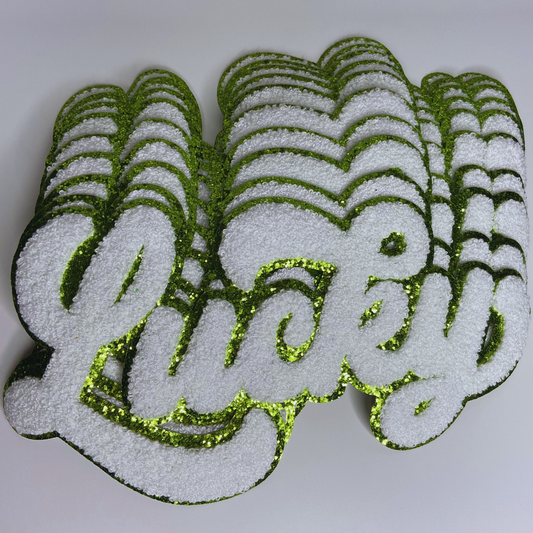 11” LUCKY script in White w Green - Chenille Patch