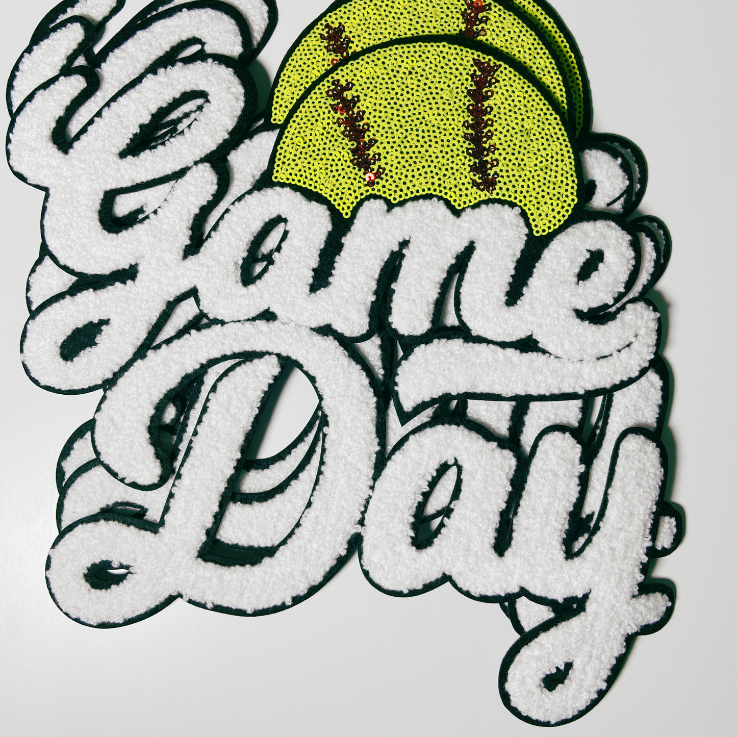 11” GAME DAY Softball sequins and Chenille Patch in White & Black