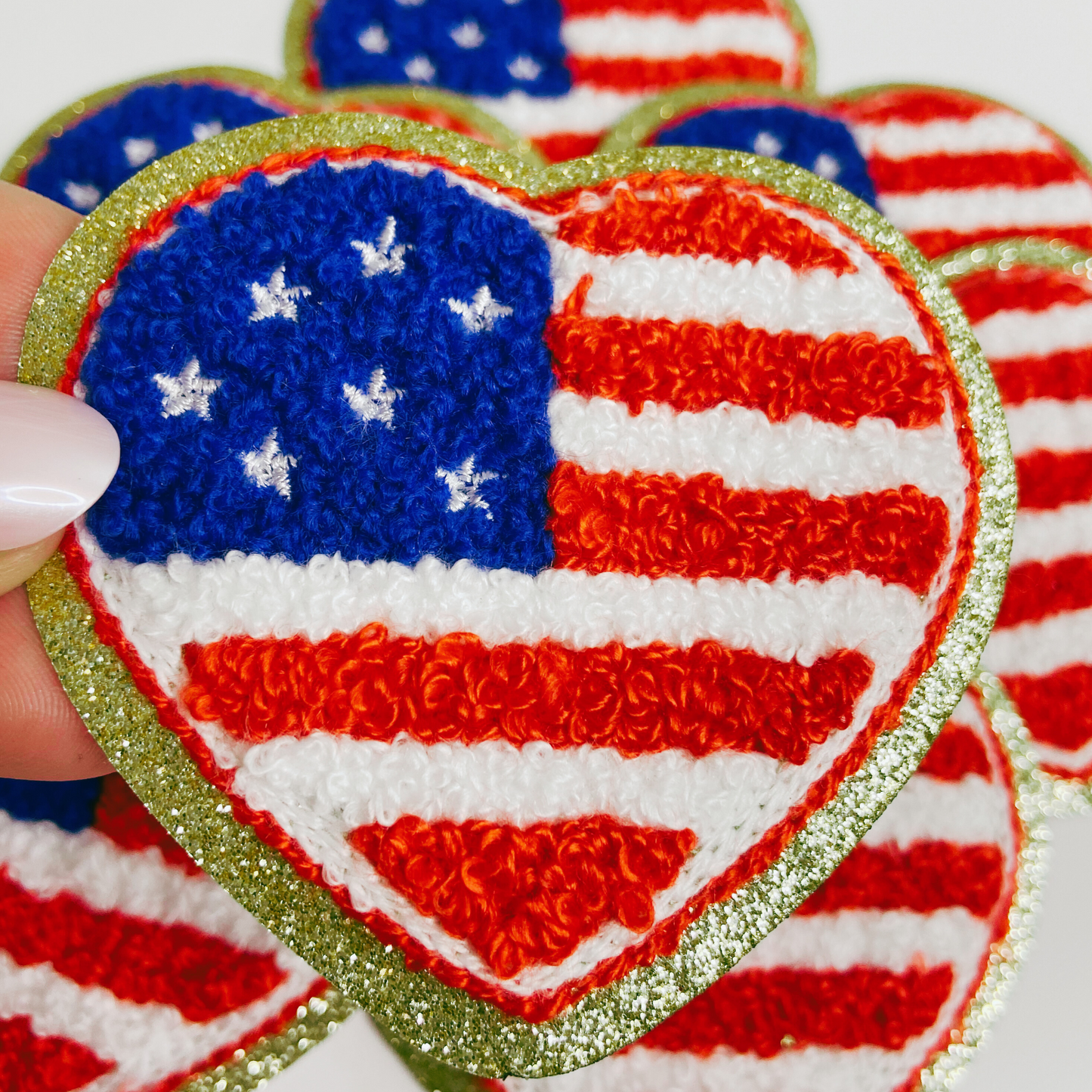 3" x 2.75" Heart shaped Flag chenille hat patch - in Red, White & Blue