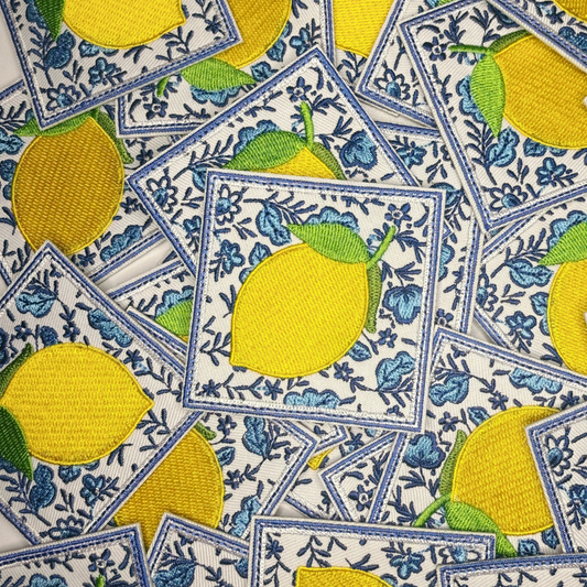 2.5" Lemon w blue Floral - Embroidered Hat Patch