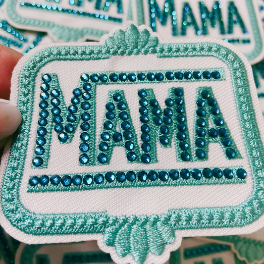 3" Teal MAMA with Rhinestones  -  Embroidered Hat Patch