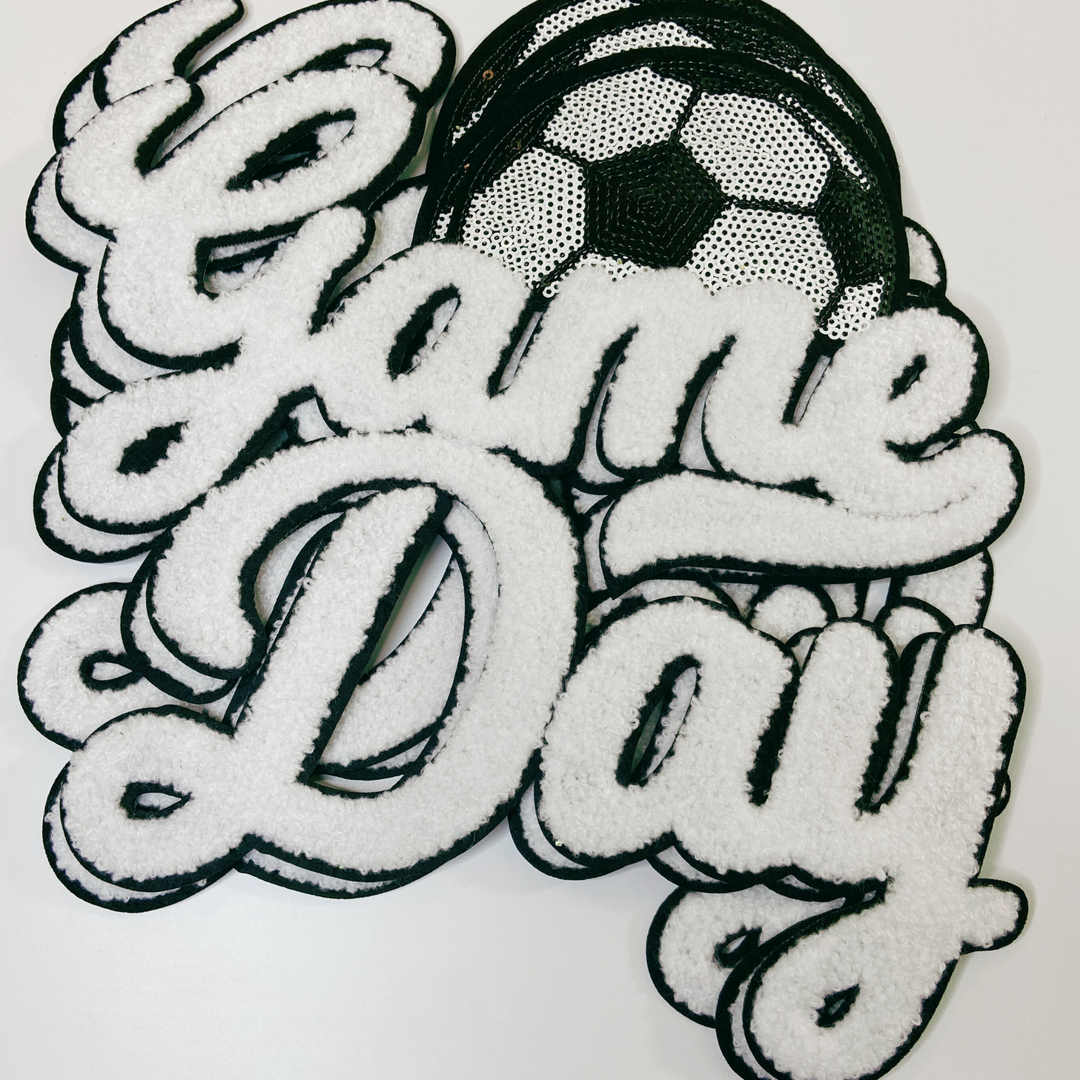 11” GAME DAY Soccer sequins and Chenille Patch in White &amp; Black 11"w